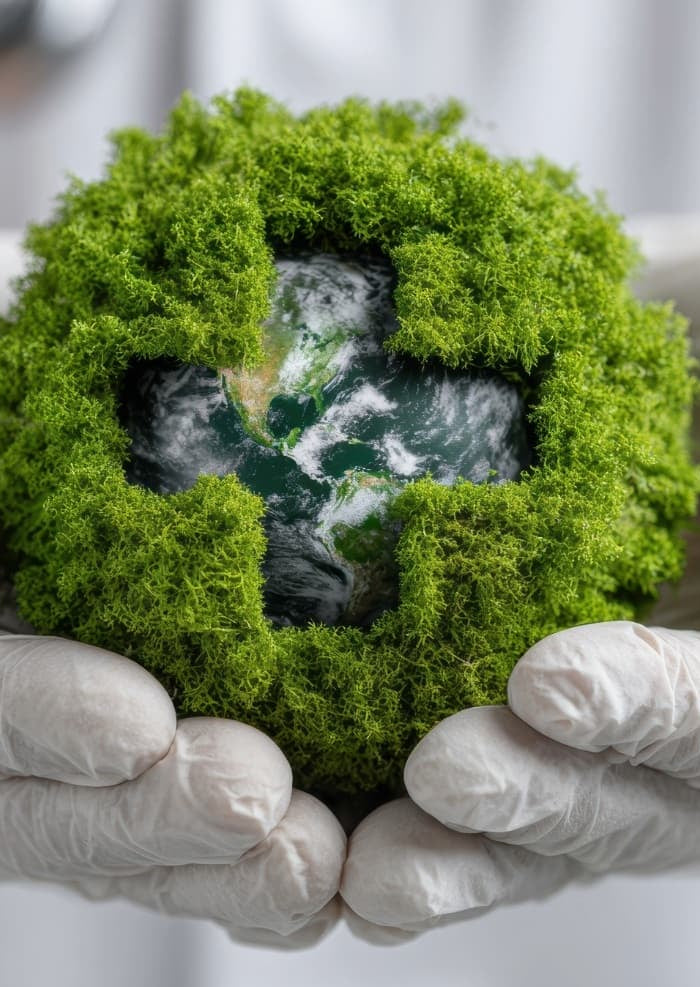 Moss-covered recycling symbol held in gloved hands against a blurred background