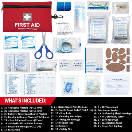 Collection of first aid supplies including a red bag, bandages, scissors, and other medical items on a white background.
