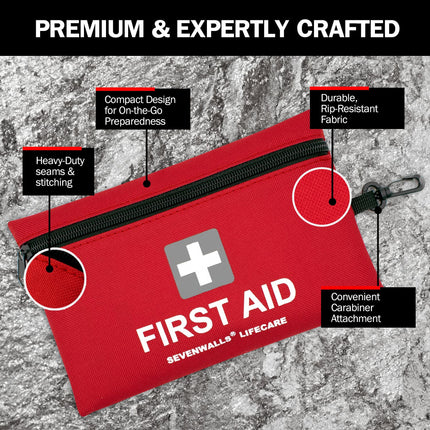 Red first aid kit with features highlighted on a textured background