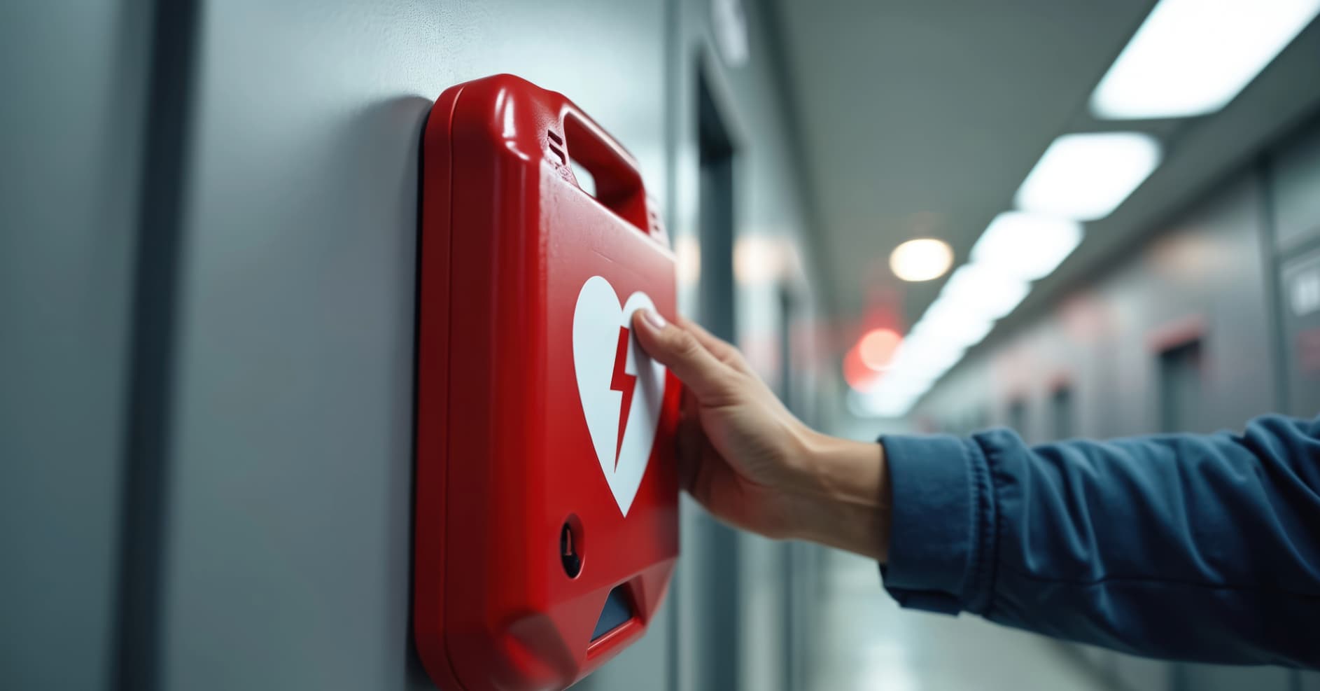 Public access AED defibrillator mounted on a wall ready for emergency use.