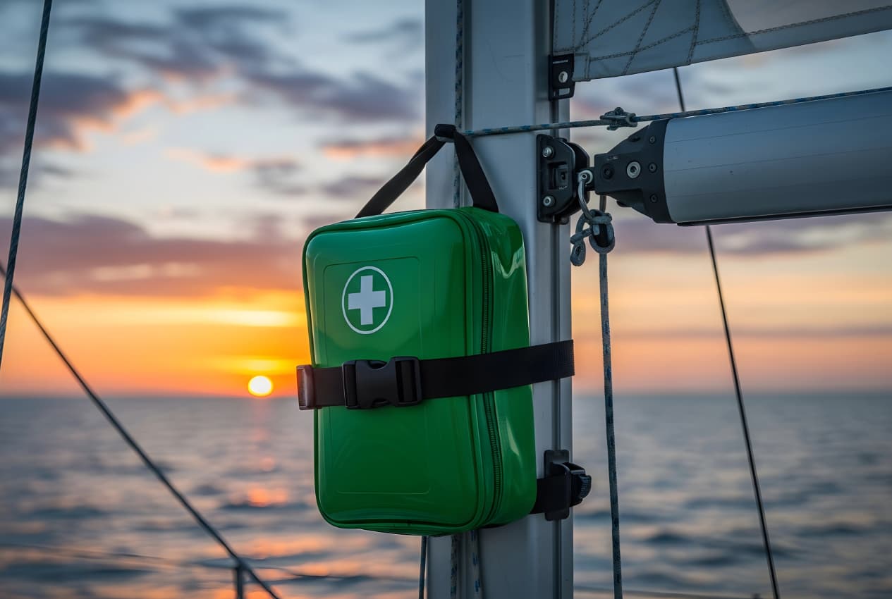 Waterproof boat first aid kit on the deck with a sea background in the UK.