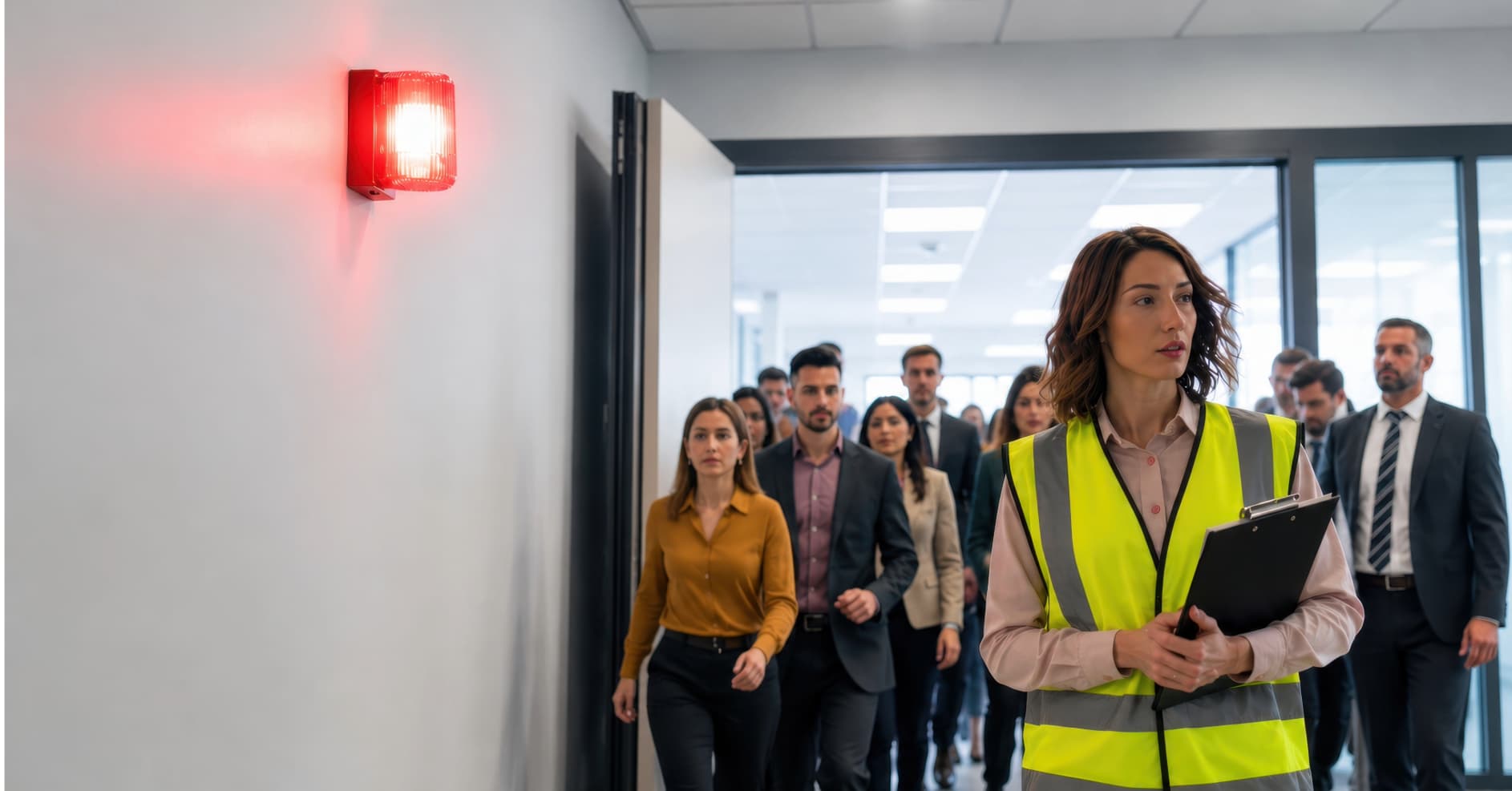 Employees evacuating a workplace safely during a fire alarm while trained first aiders assist an injured colleague.