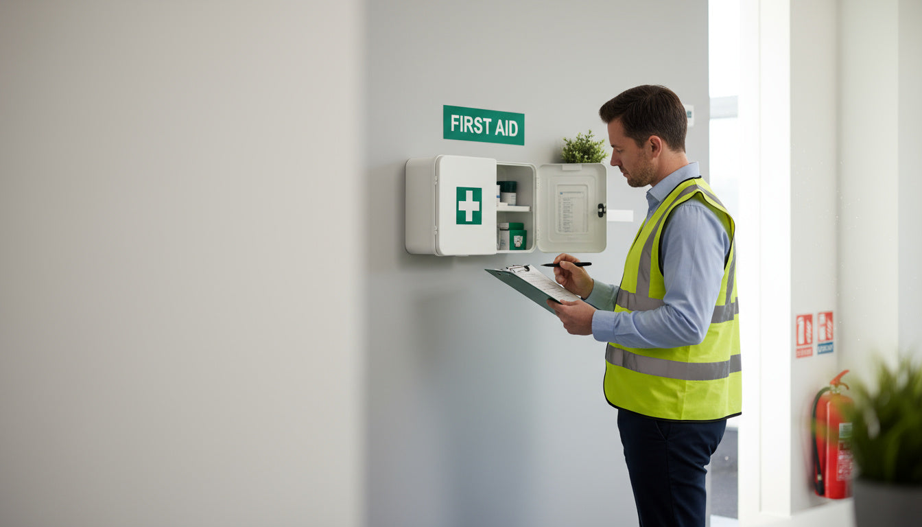 Safety officer using a first aid audit checklist in a UK workplace.