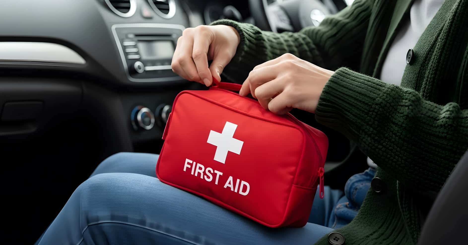 Delivery driver with a vehicle first aid kit available for emergencies.