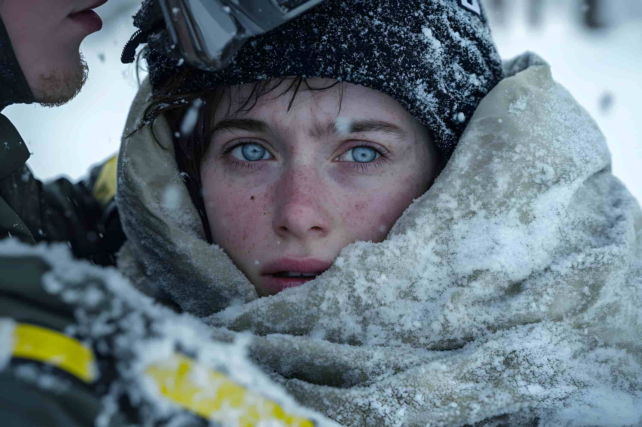 Person wrapped in a foil blanket for warmth as first aid for hypothermia.