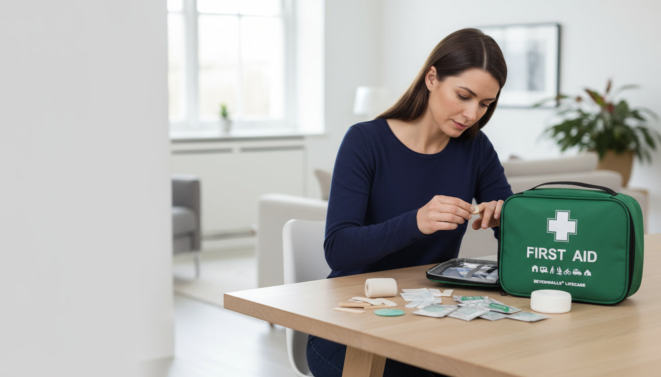 Person calmly using a first aid kit to treat a small injury at home in the UK.