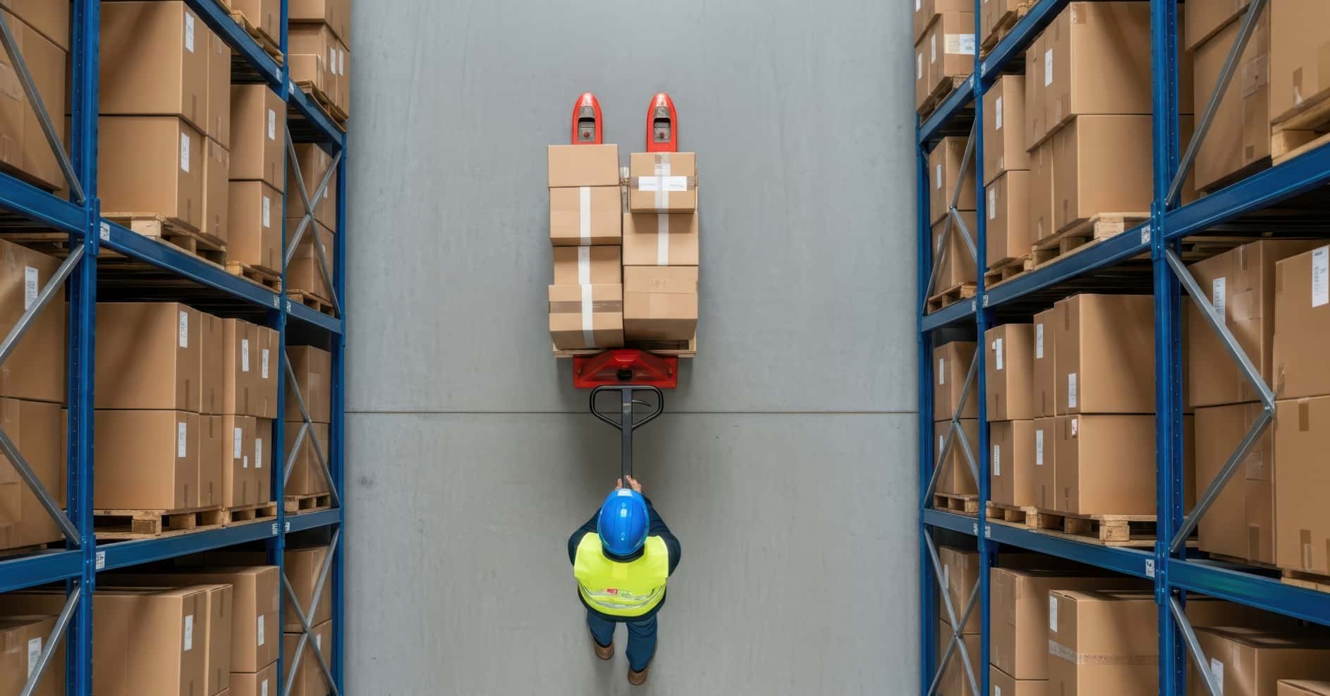 Employee safely unloading goods at a warehouse loading bay with marked pedestrian walkways and delivery vehicles.