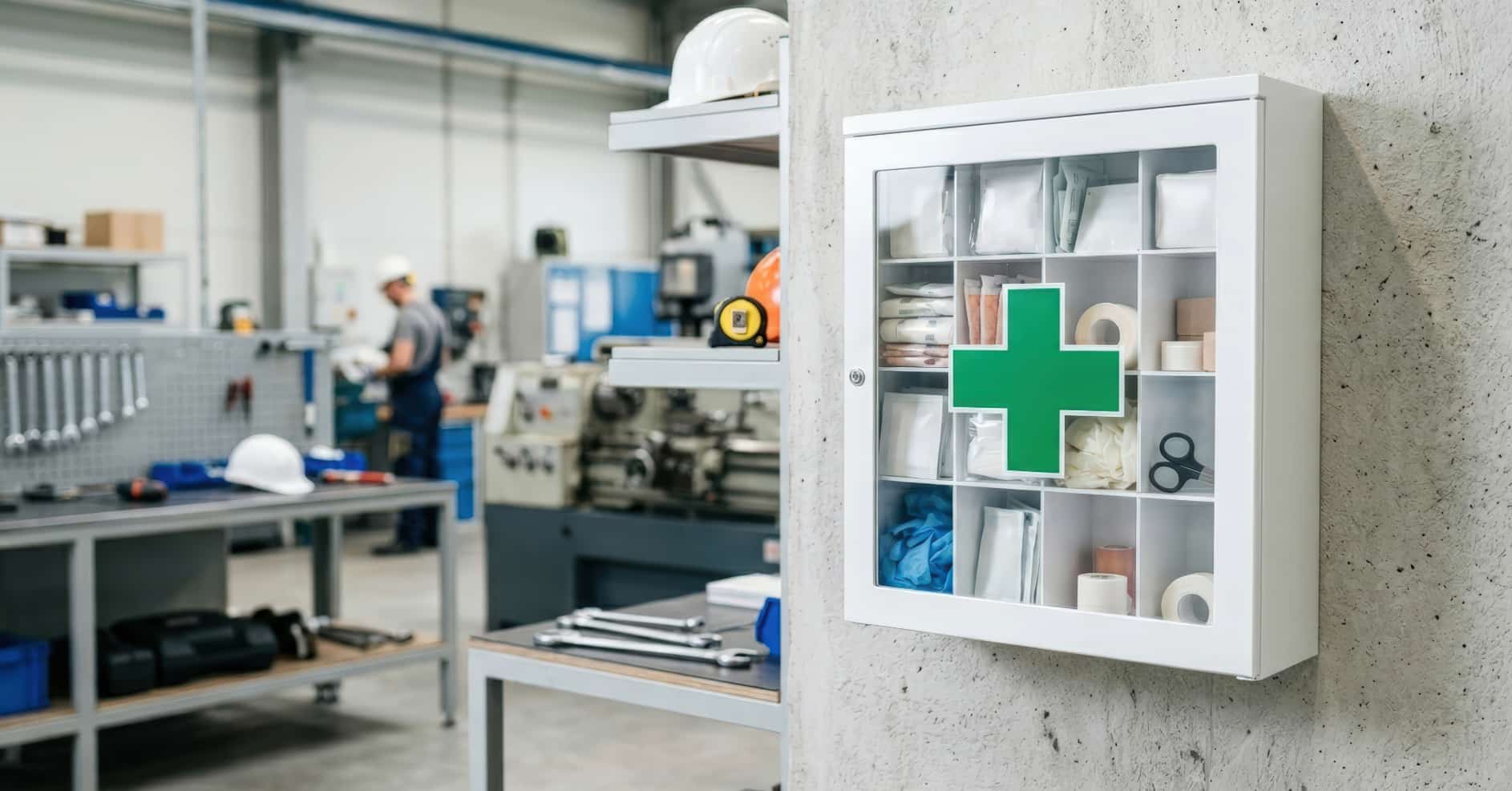 First aid kit and safety signage in a UK manufacturing and production workplace
