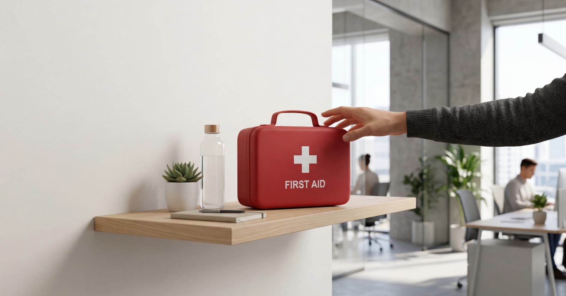 Office first aid kit placed on a workplace shelf with emergency supplies available for employees.