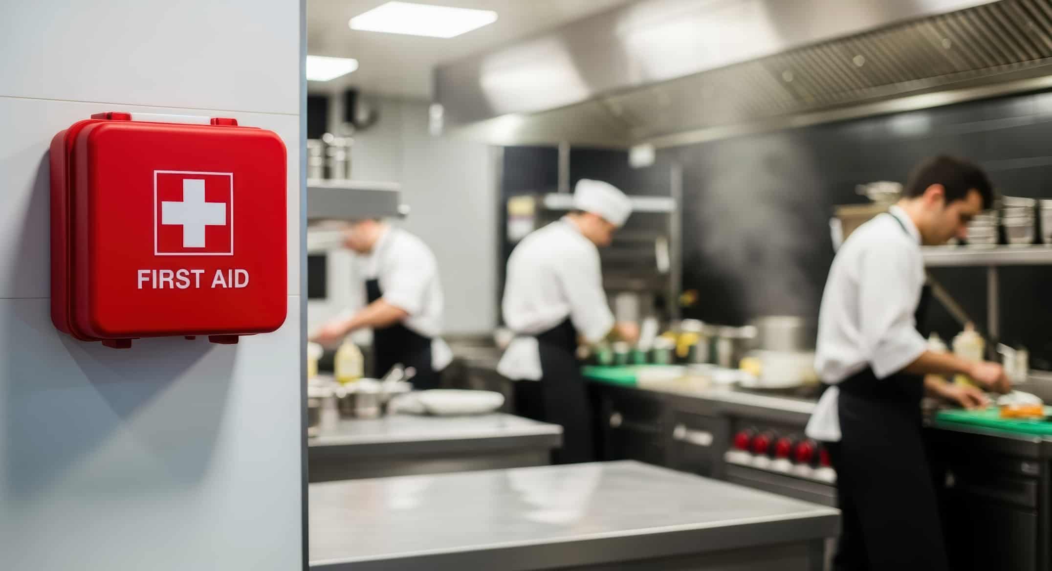 Restaurant first aid kit in a commercial kitchen, representing UK first aid requirements for cafés and food businesses.