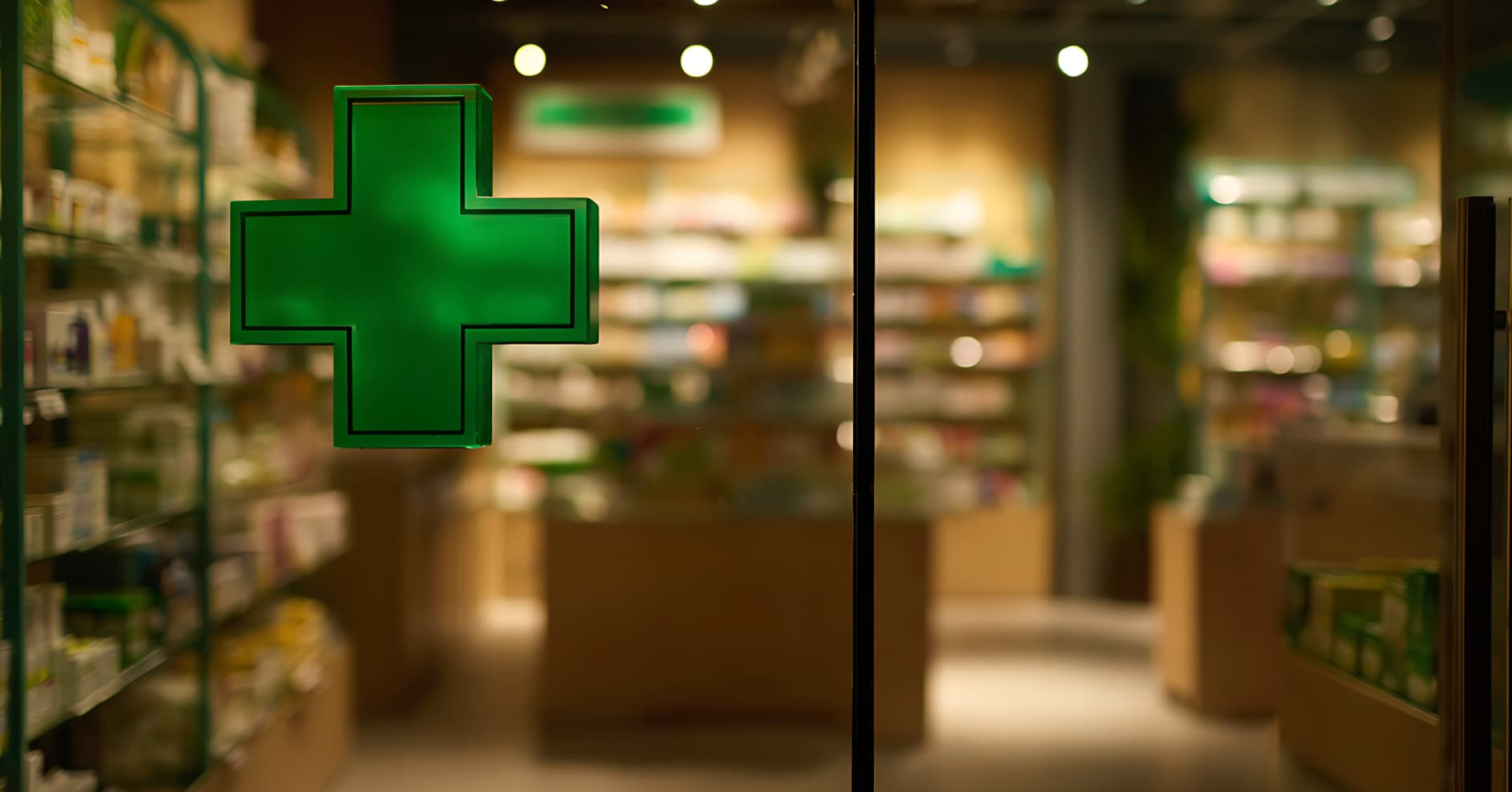 First aid kit and emergency signage displayed inside a retail shop for employee and customer safety.