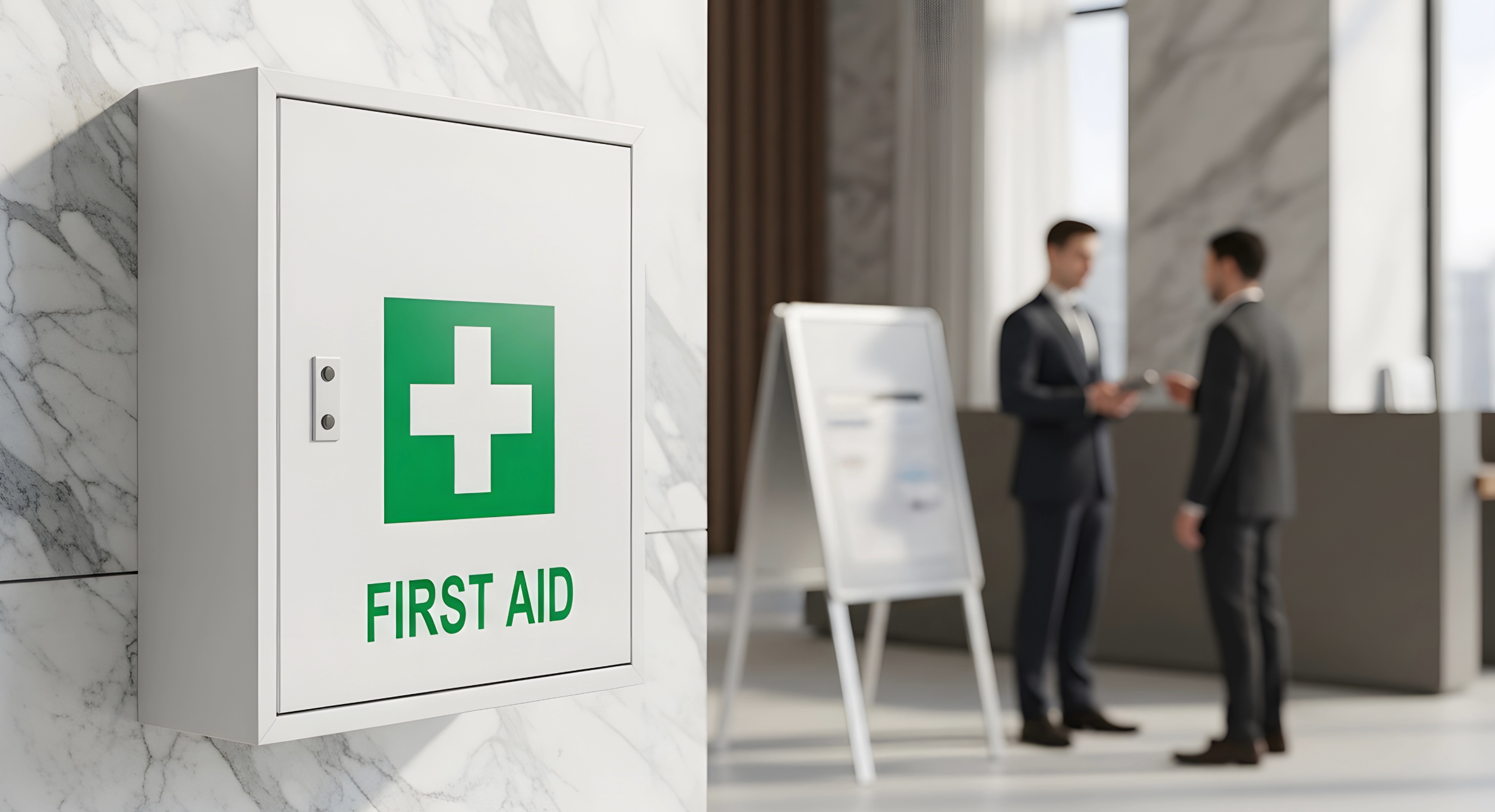 Small business first aid kit with workplace compliance documents, representing required first aid provision for UK employers.