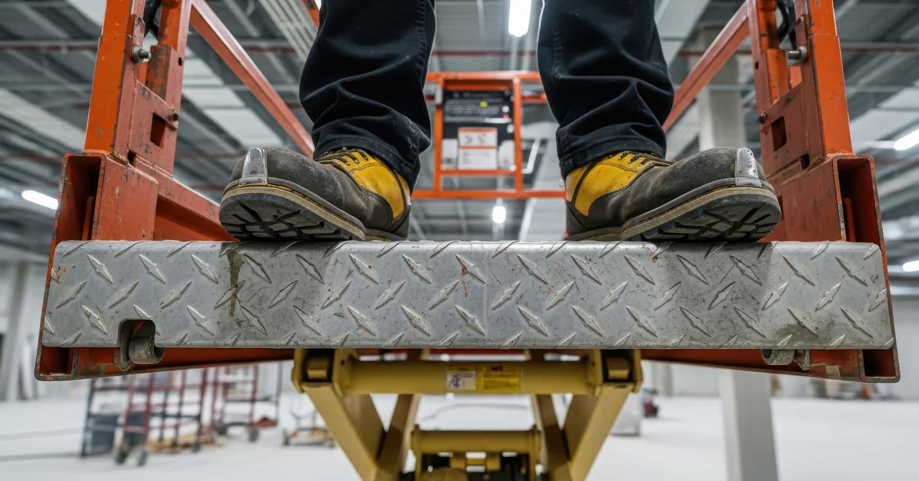 Employee using a mobile access platform safely while wearing appropriate fall protection equipment.