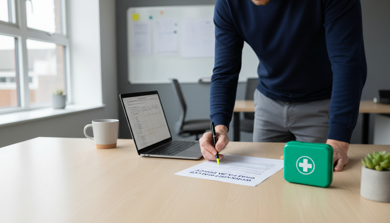 HR manager reviewing workplace first aid policy documents on a desk in a UK office.