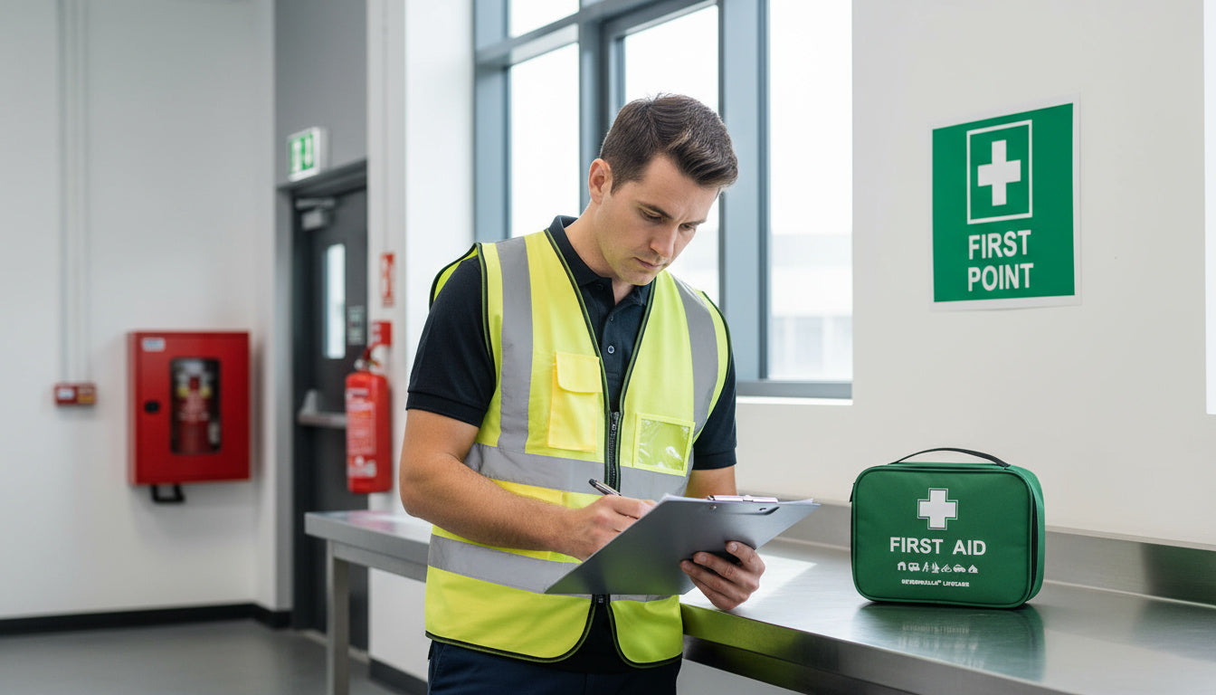 Health and safety officer reviewing a workplace first aid risk assessment checklist beside a green first aid kit in a UK office.