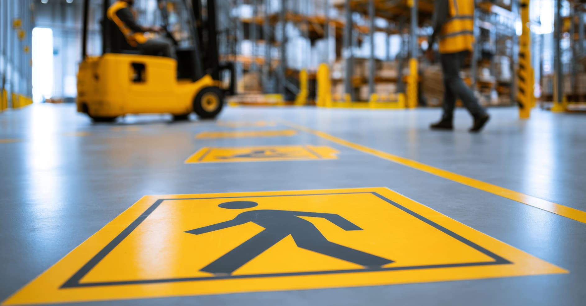Clean warehouse walkway with clearly marked pedestrian routes and properly stored equipment.
