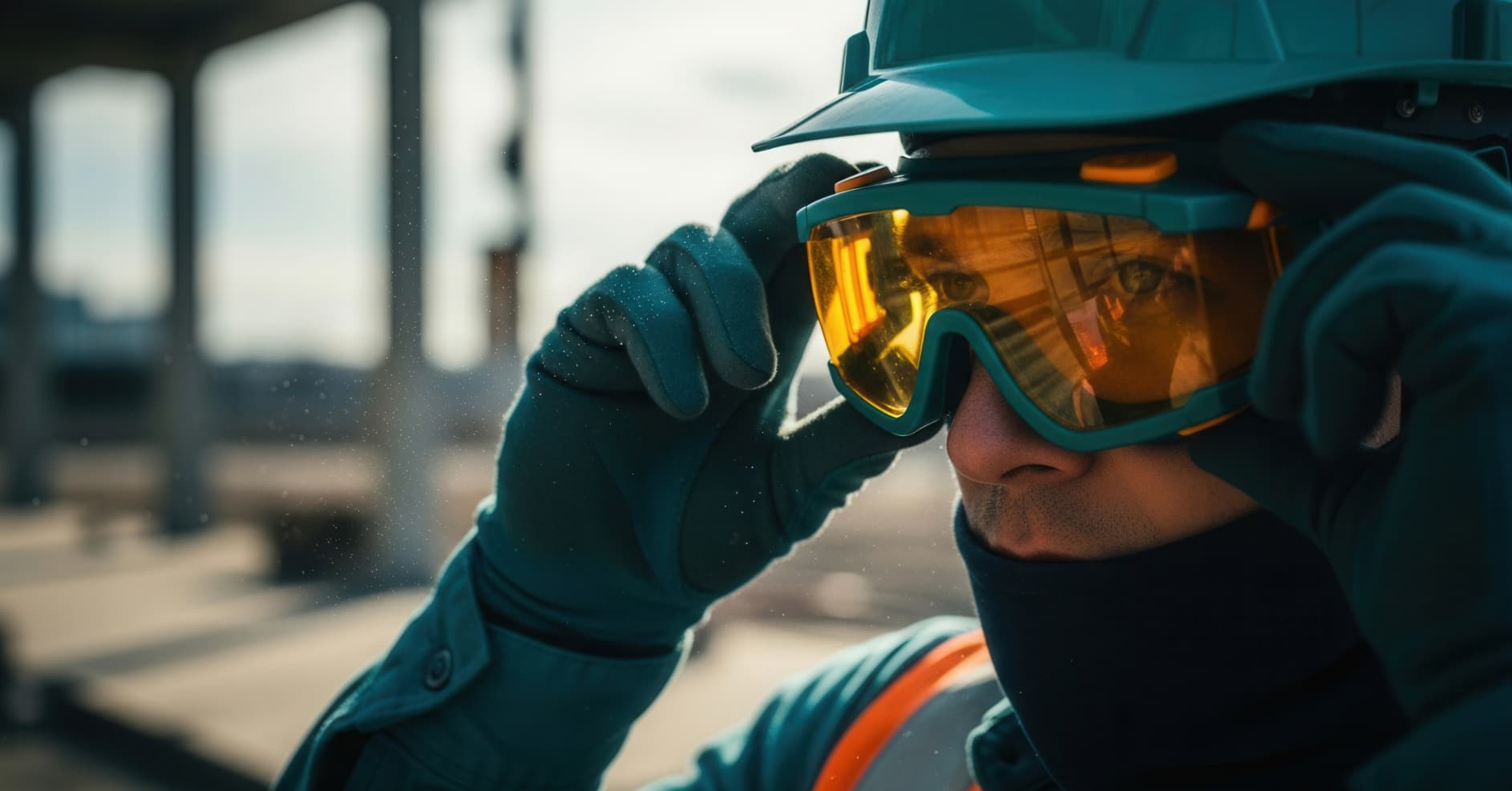 Employees wearing appropriate personal protective equipment including helmets, gloves, safety glasses and high-visibility clothing in a workplace.
