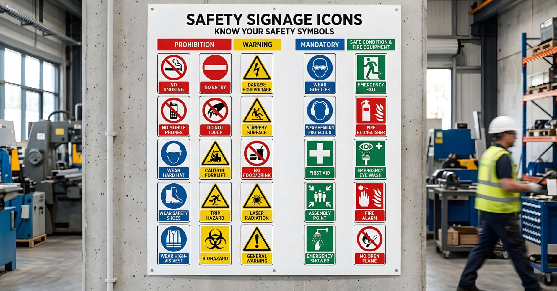 Workplace safety signs showing mandatory, warning, prohibition, fire safety and first aid symbols.