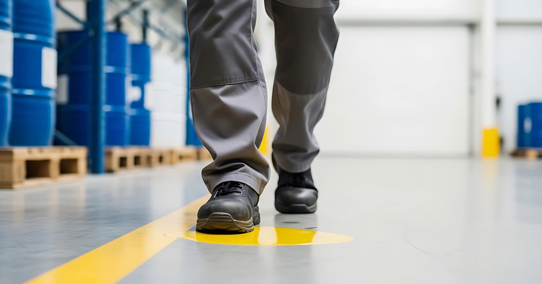 Employee walking safely through a workplace with clear walkways, hazard signs and slip-resistant flooring.
