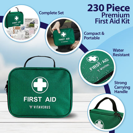 Green first aid kit with Vitaverus branding on a light blue background