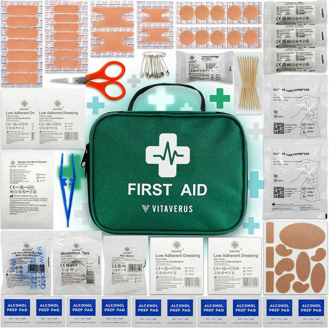 First aid kit with various supplies and Vitaverus branding on a white background.