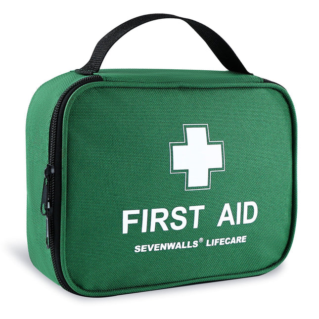 Green first aid kit with a white cross and 'Sevenwalls Lifecare' branding on a white background
