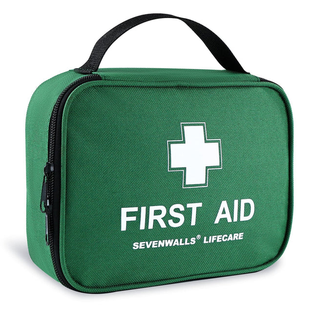Green first aid kit with a white cross and 'Sevenwalls Lifecare' branding on a white background