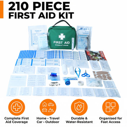 210 piece first aid kit with components displayed on a white background