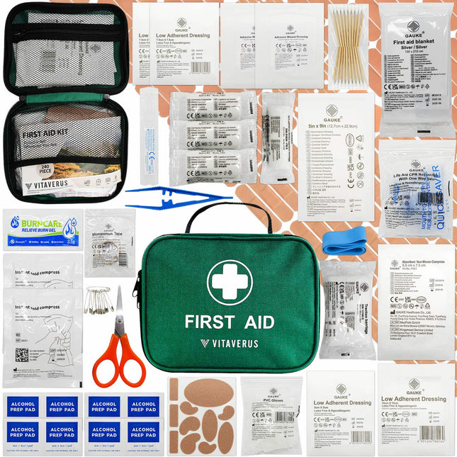 Vitaverus first aid kit with various medical supplies on a patterned background