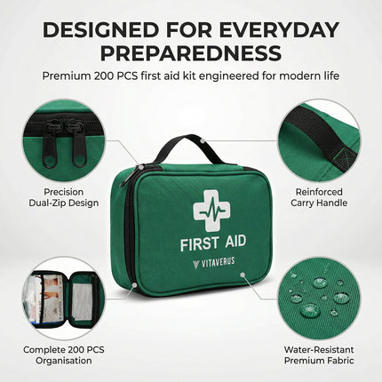 Green first aid kit with Vitaverus branding, featuring reinforced carry handle and water-resistant fabric on a white background.