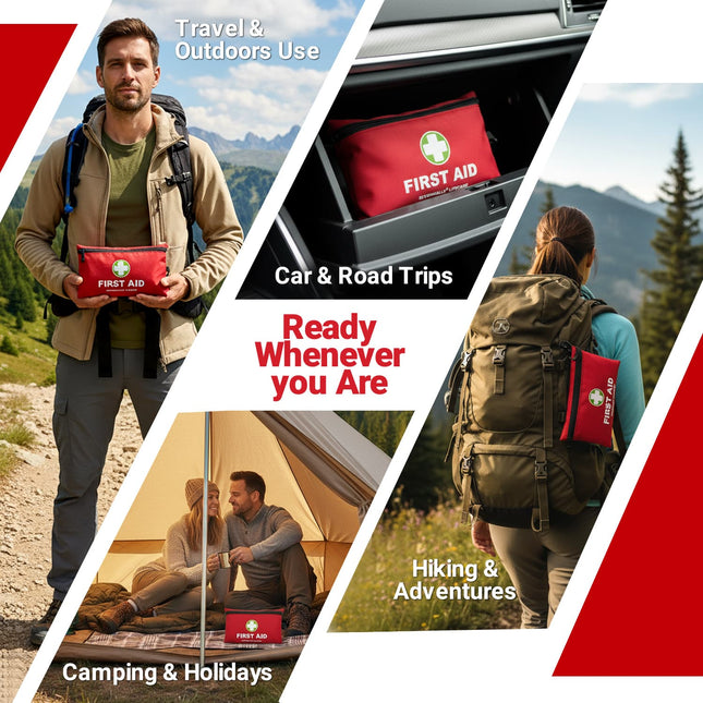 Collage of images showing a person with a red first aid kit in various outdoor settings.