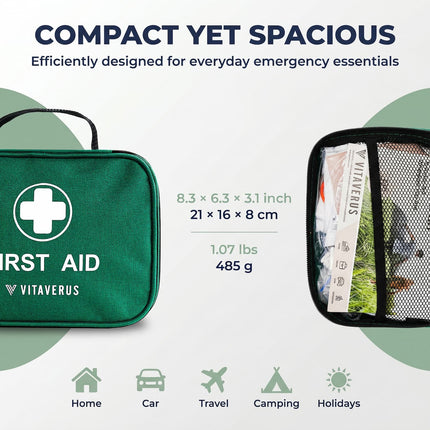 Green first aid kit with Vitaverus branding, showing open compartment with supplies on a light gray background.