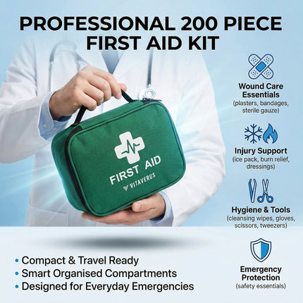 Green first aid kit held by a person with Vitaveris branding, against a light blue background.
