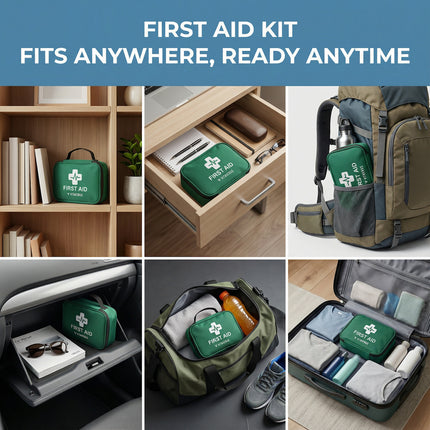 Collage of a green first aid kit in various settings including a shelf, drawer, backpack, car, and suitcase.