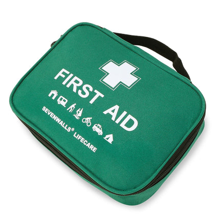 Portable first aid kit in durable red bag with medical essentials