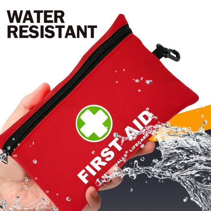 Red first aid kit with water splashing around it, labeled 'Water Resistant'.