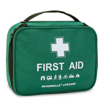 Comprehensive first aid kit with plasters, bandages, and dressings in UK storage bag