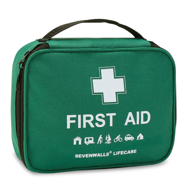 Comprehensive first aid kit with plasters, bandages, and dressings in UK storage bag