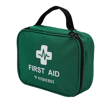 Green first aid kit with Vitaverus logo, compact size bag