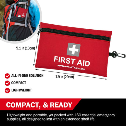 Red first aid kit with Sevenwalls Lifecare branding, showing dimensions and features on a white background.