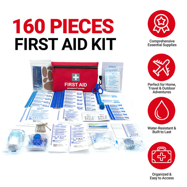 160-piece first aid kit with red pouch and various supplies on a white background
