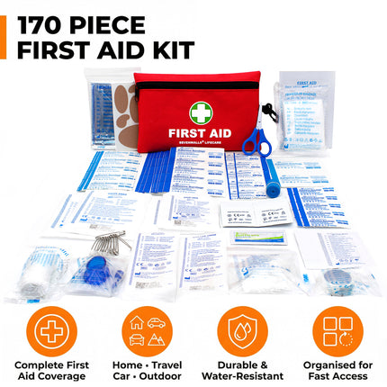 170-piece first aid kit with various components on a white background