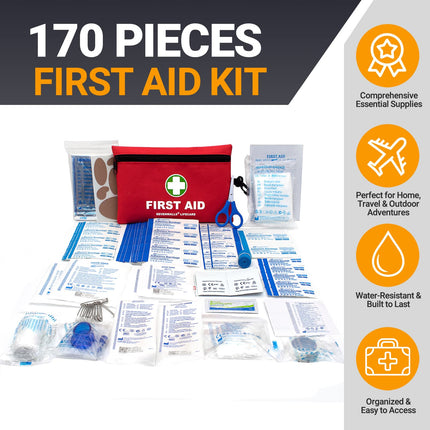 170-piece first aid kit with various supplies on a white background