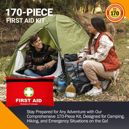 Two people camping with a 170-piece first aid kit in front of them.