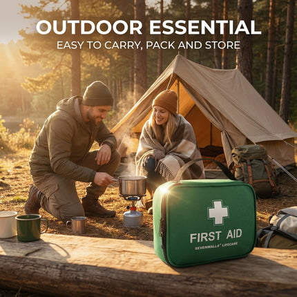Couple camping in a forest with a first aid kit in the foreground.