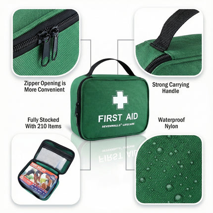 Green first aid kit with features highlighted on a white background