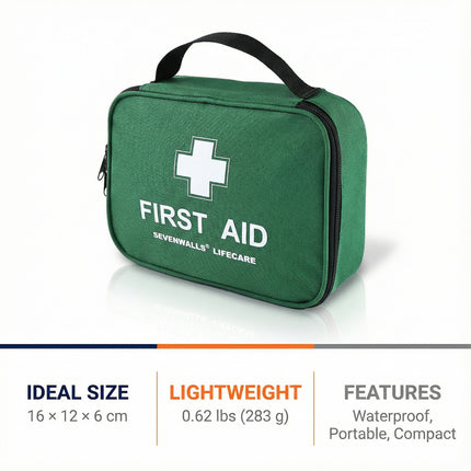 Green first aid kit with 'Sevenwalls Lifecare' branding on a white background