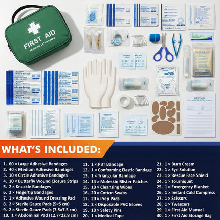First aid kit with various components on a white background