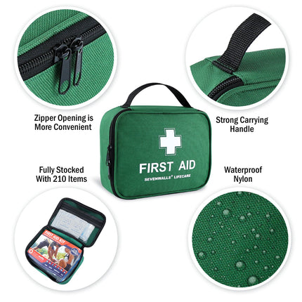 Green first aid kit with features highlighted on a white background