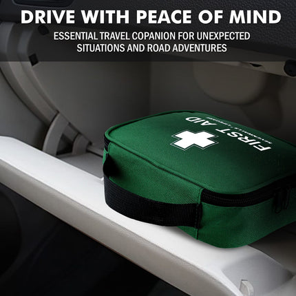 Green first aid kit on a car seat with text 'Drive with Peace of Mind'.